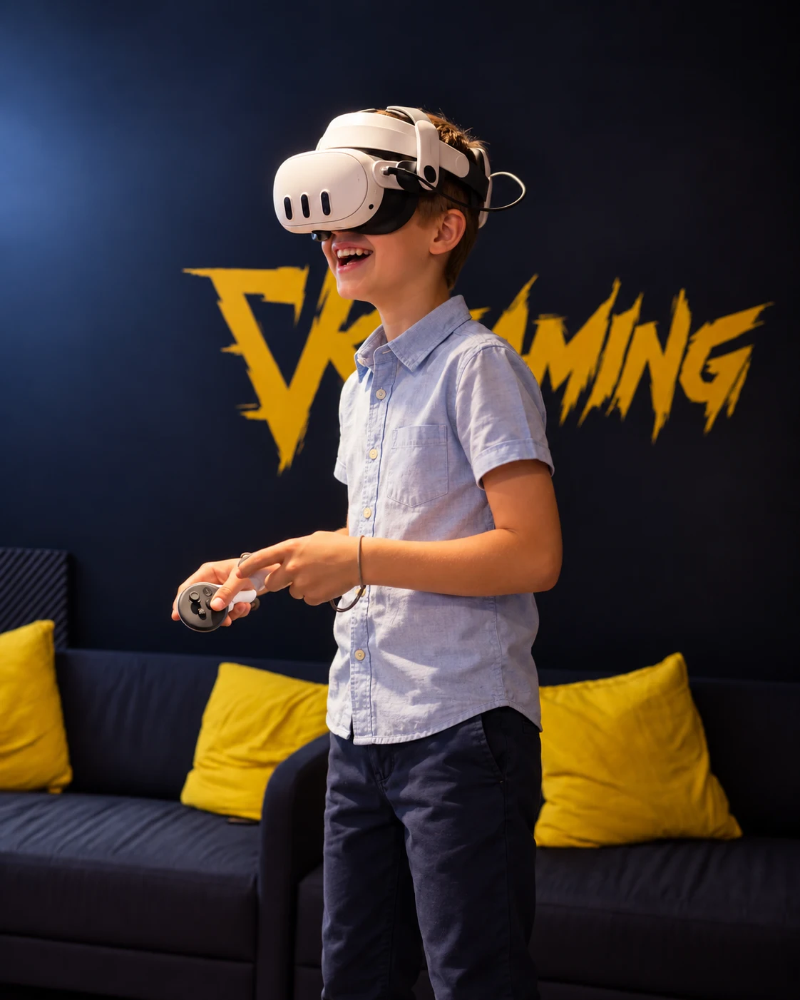 Priecīgs zēns ar virtuālās realitātes brillēm VR Gaming studijā